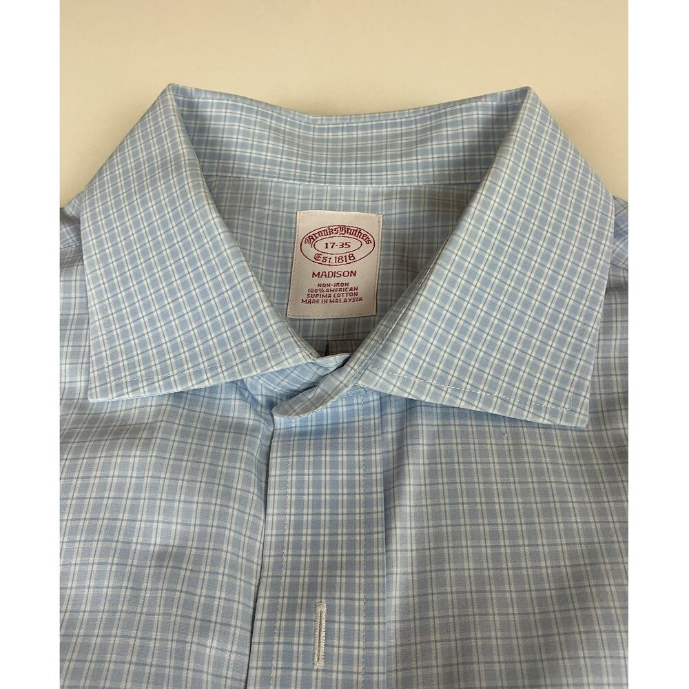 Brooks Brothers Madison Dress Shirt 17/35 Blue Plaid Stretch Supima Cotton